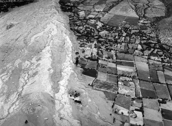 Aerial view of the destruction of farmland in mountain valleys by ice and mud avalanches