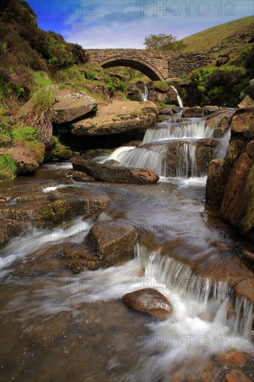 View of river cascades and packhorse bridge