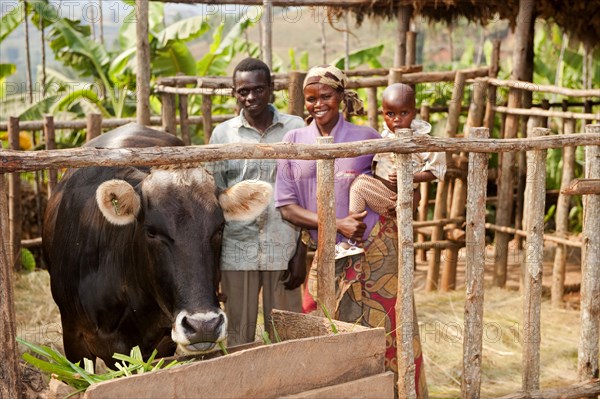 Family stands next to Jersey cow donated by milk supply charity