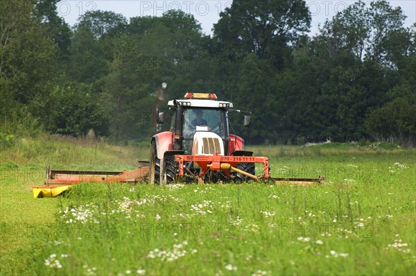 Mowing grass silage with Steyr tractor and Fella front and rear mower
