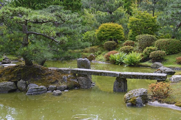 Typical Japanese garden with stone decorations and koi pond