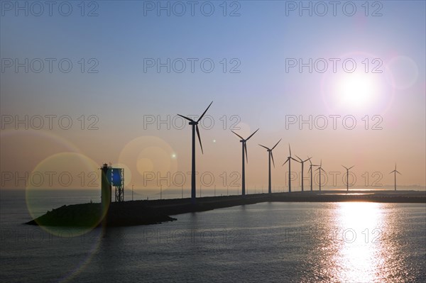 Wind turbines in the wind farm on the dam in Zeebrugge