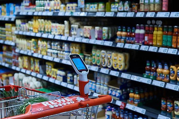 Scan and Go device for self-scanning in the holder on the shopping trolley