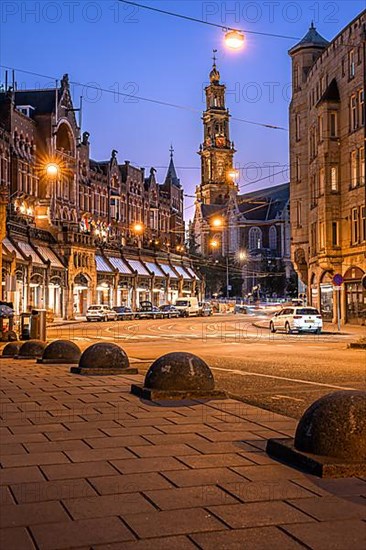 Church and street of the big city at night