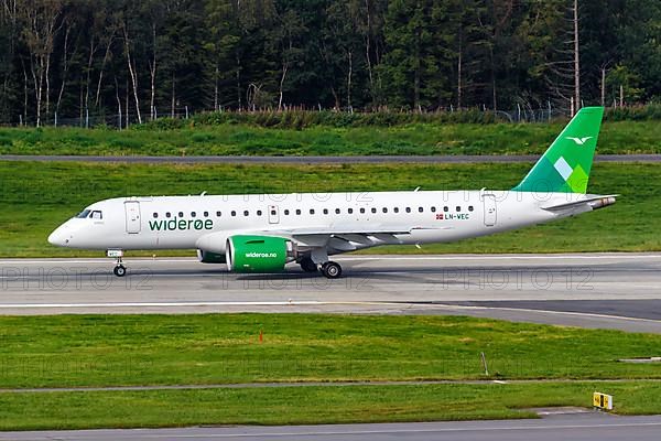 An Embraer 190 E2 aircraft of Wideroe with registration LN-WEC at Bergen Airport