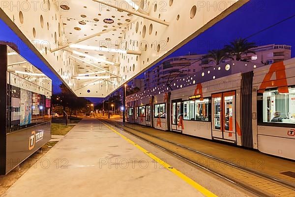 Modern Bombardier Flexity Outlook light rail vehicle at the Sergio Cardell stop of the Tram Alacant tramway public transport transport transport transport in Alicante