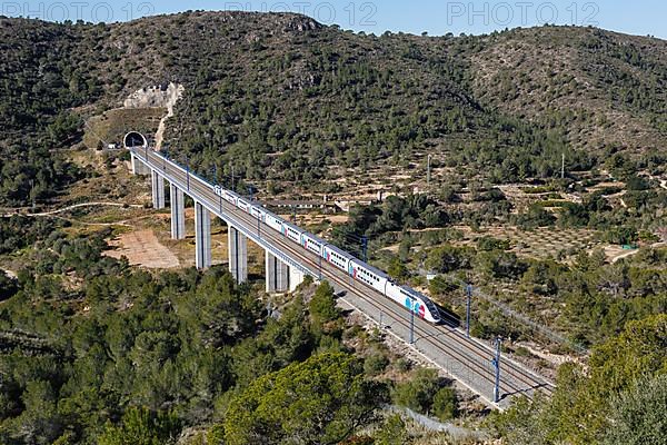 TGV Euroduplex high-speed train of Ouigo Espana SNCF on the route Madrid