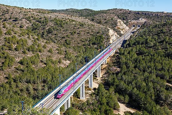 Talgo 350 high-speed train of RENFE AVLO on the line Madrid