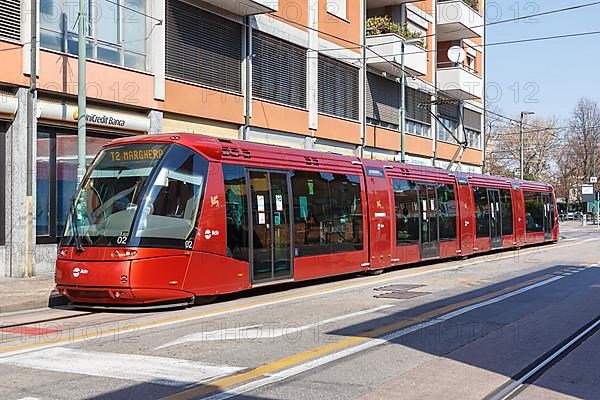 Tram on rubber wheels Tram Venezia of the Translohr type at the Mestre Centro stop in Venice