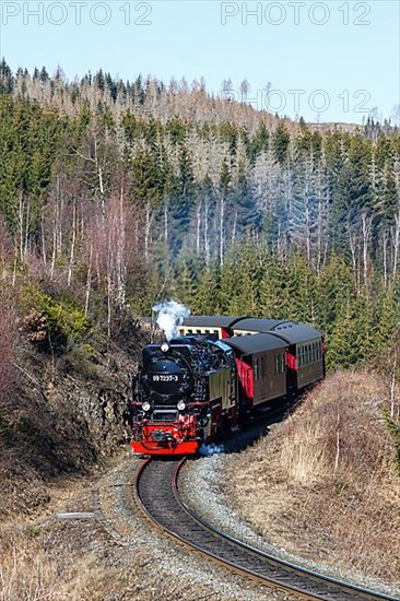 Steam train of the Brockenbahn railway steam railway near Drei Annen Hohne