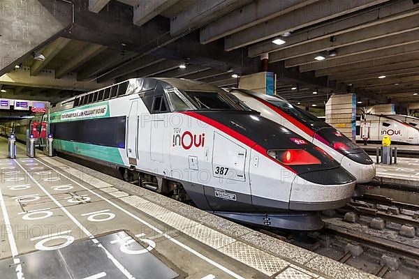 TGV trains SNCF high speed train at Gare Montparnasse station in Paris