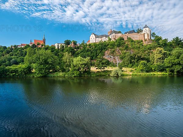 Mildenstein Castle and the town of Leisnig above the river Freiberger Mulde