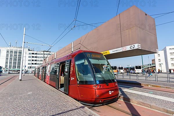 Tram on rubber wheels Tram Venezia of the Translohr type at Piazzale Roma in Venice