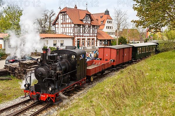 Steam train of the Haertsfeld Museumsbahn Schaettere Eisenbahn steam railway at Neresheim station
