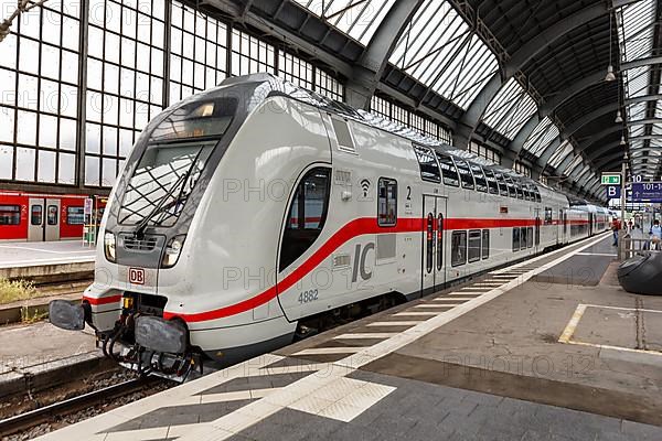 InterCity IC train of the type Twindexx Vario by Bombardier of DB Deutsche Bahn at Karlsruhe main station