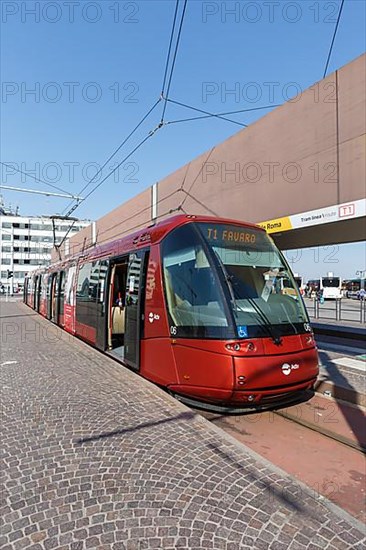 Tram on rubber wheels Tram Venezia of the Translohr type at Piazzale Roma in Venice