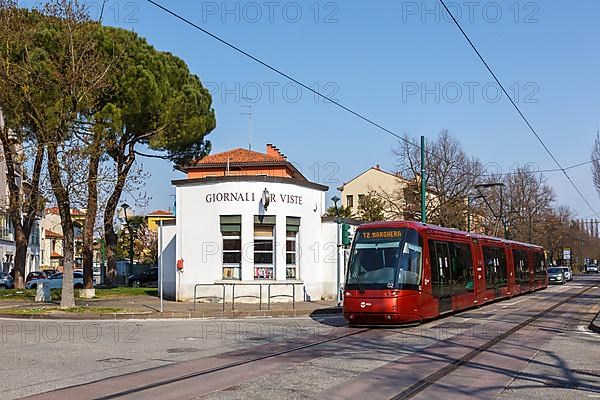 Tram on rubber wheels Tram Venezia of the Translohr type in Mestre in Venice