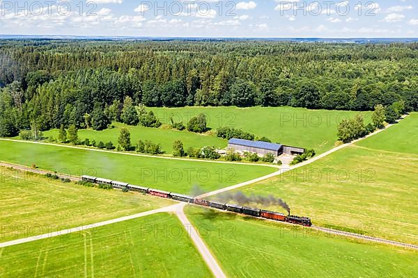 Steam train Oechsle museum railway railway steam railway aerial view in Ochsenhausen Wennedach