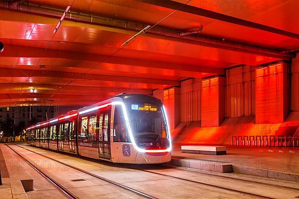 Modern tramway Alstom Citadis X05 line T9 at Trois Communes stop Public transport Transport in Paris