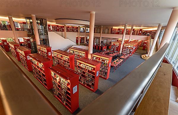 Shelves of the city library in the evening