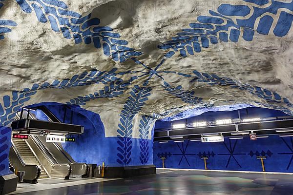 Artfully designed metro tunnelbana underground station stop T-Centralen station in Stockholm