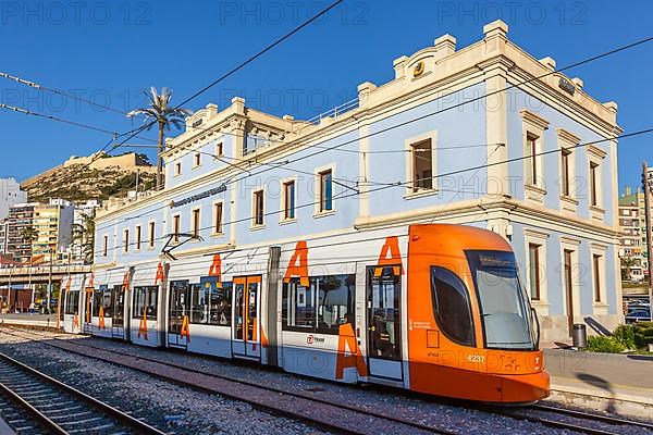 Modern Bombardier Flexity Outlook light rail vehicle at the La Marina stop of the Tram Alacant tram public transport public transport transport transport in Alicante