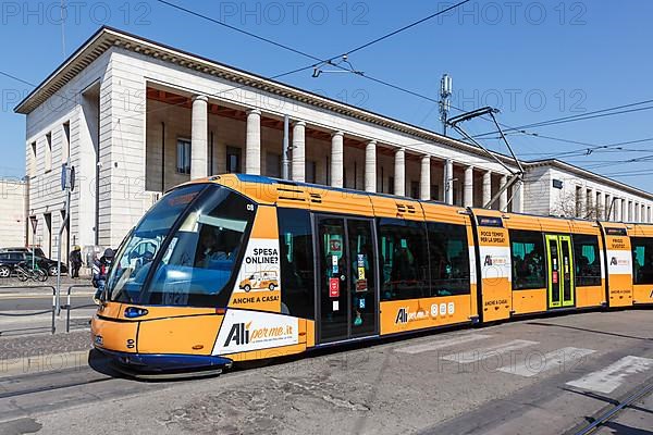 Tram on rubber wheels Tram Tranvia di Padova of the Translohr type at the station in Padua