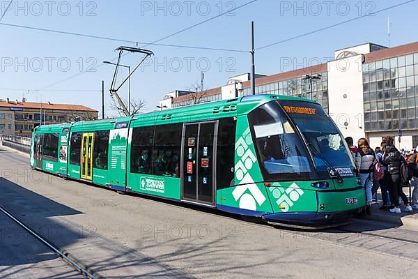 Tram on rubber wheels Tram Tranvia di Padova of the Translohr type at the station in Padua