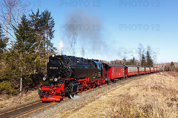 Steam train of the Brockenbahn railway leaving Drei Annen Hohne