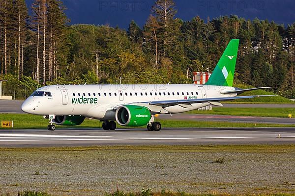 A Wideroe Embraer 190 E2 aircraft with registration LN-WEB at Bergen Airport