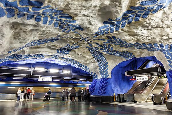 Artfully designed metro tunnelbana underground station stop T-Centralen station in Stockholm