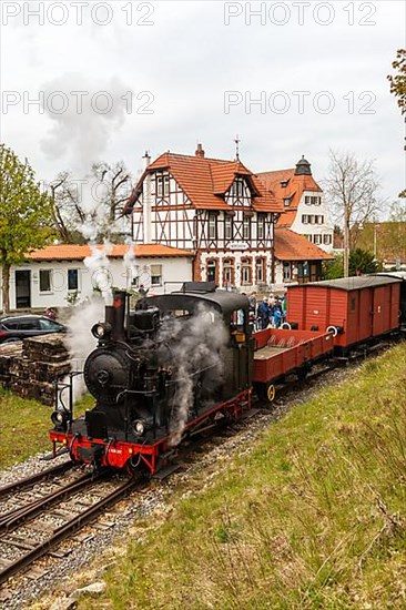 Steam train of the Haertsfeld Museumsbahn Schaettere Eisenbahn steam railway at Neresheim station