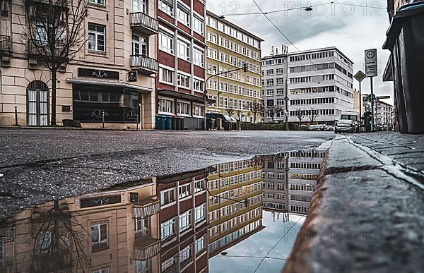 Grey cityscape after rain