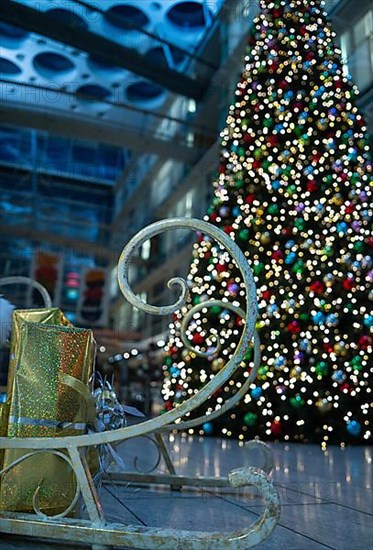 Weihnalchtllich with fir tree and sleigh