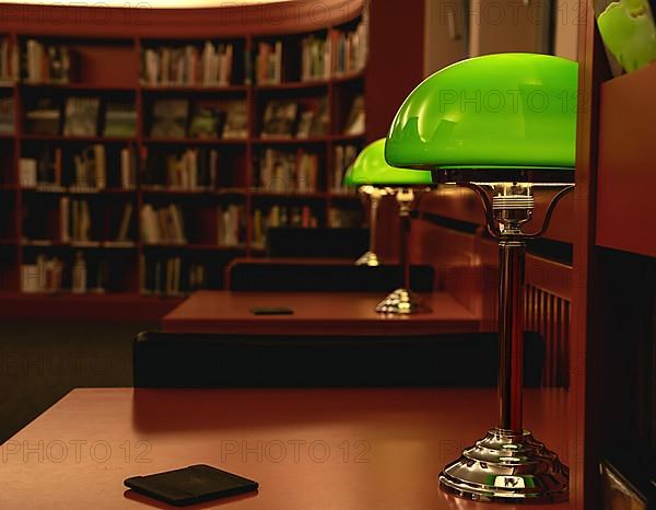 Historic green reading lamp in the city library
