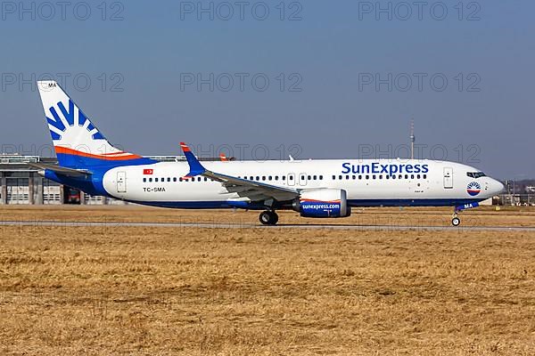 A Sun Express Boeing 737 MAX 8 with registration TC-SMA at Stuttgart Airport