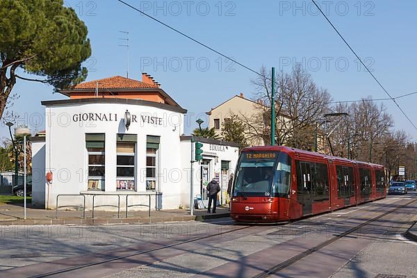 Tram on rubber wheels Tram Venezia of the Translohr type in Mestre in Venice