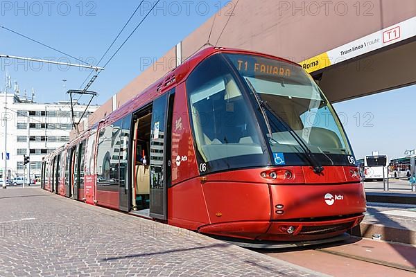 Tram on rubber wheels Tram Venezia of the Translohr type at Piazzale Roma in Venice