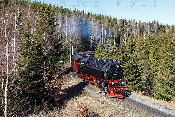 Steam train of the Brockenbahn railway steam railway near Drei Annen Hohne