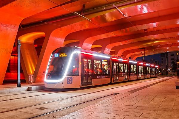 Modern tramway Alstom Citadis X05 line T9 at Trois Communes stop Public transport Transport in Paris