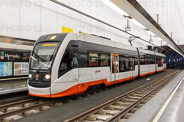 Modern Vossloh Citylink light rail system at the Mercado stop of the Tram Alacant tram public transport public transport transport transport in Alicante