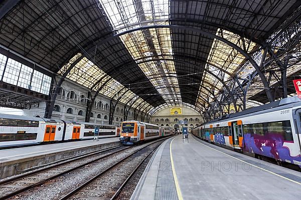 Rodalies local trains at Franca railway station in Barcelona