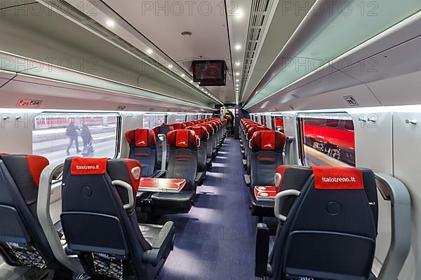 Interior of an Italo ETR 675 Pendolino high speed train of Nuovo Trasporto Viaggiatori NTV at Milano Centrale station in Milan