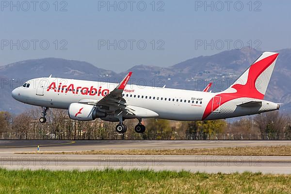 An Air Arabia Egypt Airbus A320 aircraft with registration SU-AAF at Bergamo Orio Al Serio Airport