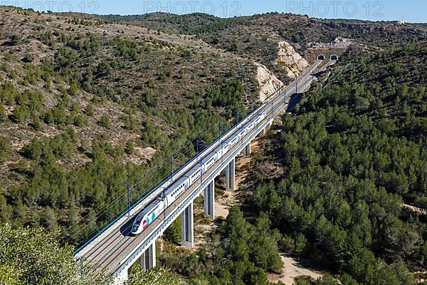 TGV Euroduplex high-speed train of Ouigo Espana SNCF on the route Madrid