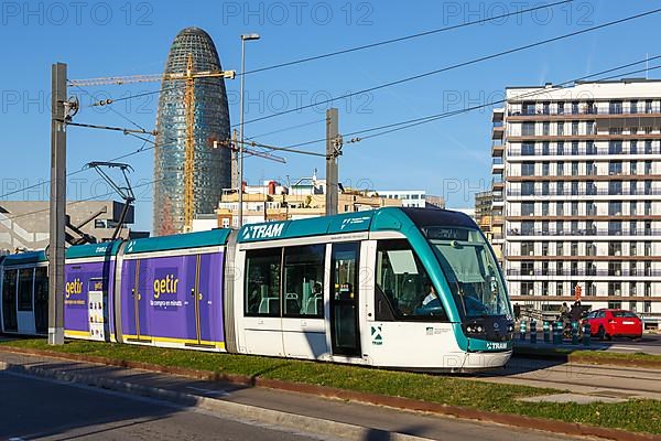 Modern tram of the type Alstom Citadis of Tram Barcelona at the stop Glories public transport public transport transport transport in Barcelona