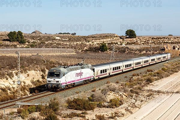 Talgo train of the RENFE in the Sierra del Cid near Alicante