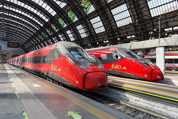 Italo ETR 675 Pendolino high speed trains of Nuovo Trasporto Viaggiatori NTV at Milano Centrale station in Milan