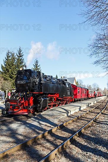 Steam train of the Brockenbahn railway steam railway at Drei Annen Hohne station