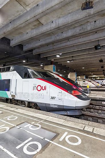 TGV trains SNCF high speed train at Gare Montparnasse station in Paris